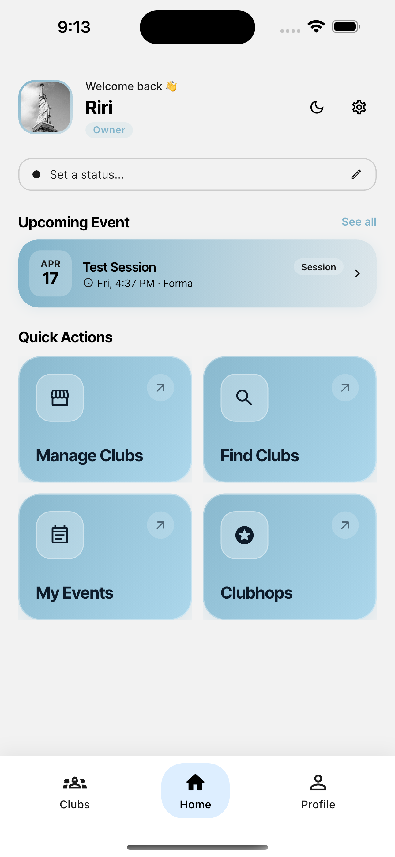 ClubHopper home screen